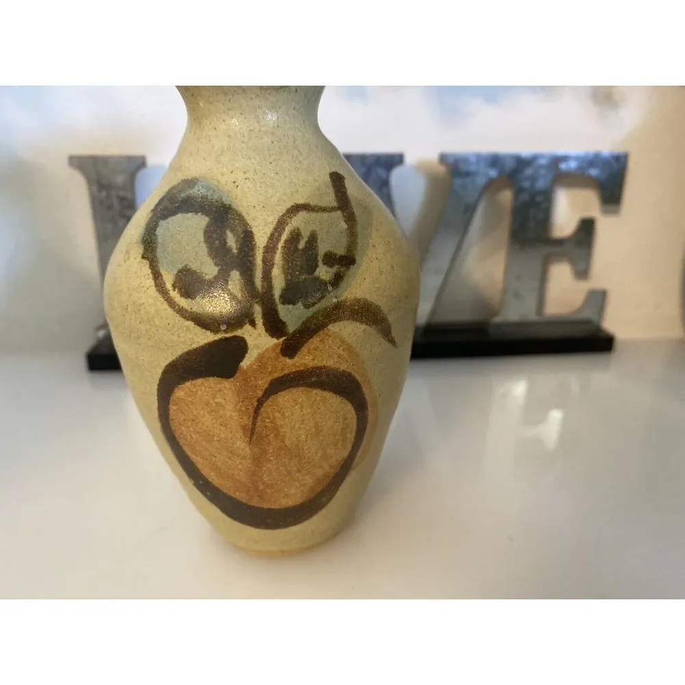 Vintage Hand Painted Stoneware Vase MCM‎ Signed Numbered Peach Design 6